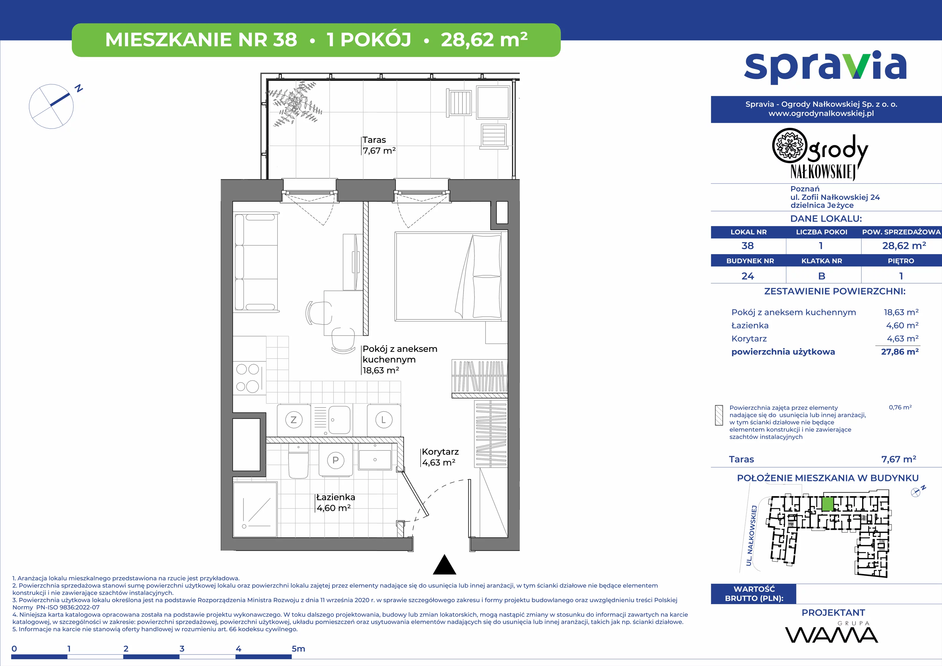 1 pokój, mieszkanie 28,62 m², piętro 1, oferta nr 24-38, Ogrody Nałkowskiej, Poznań, Ogrody, ul. Nałkowskiej 24, 26